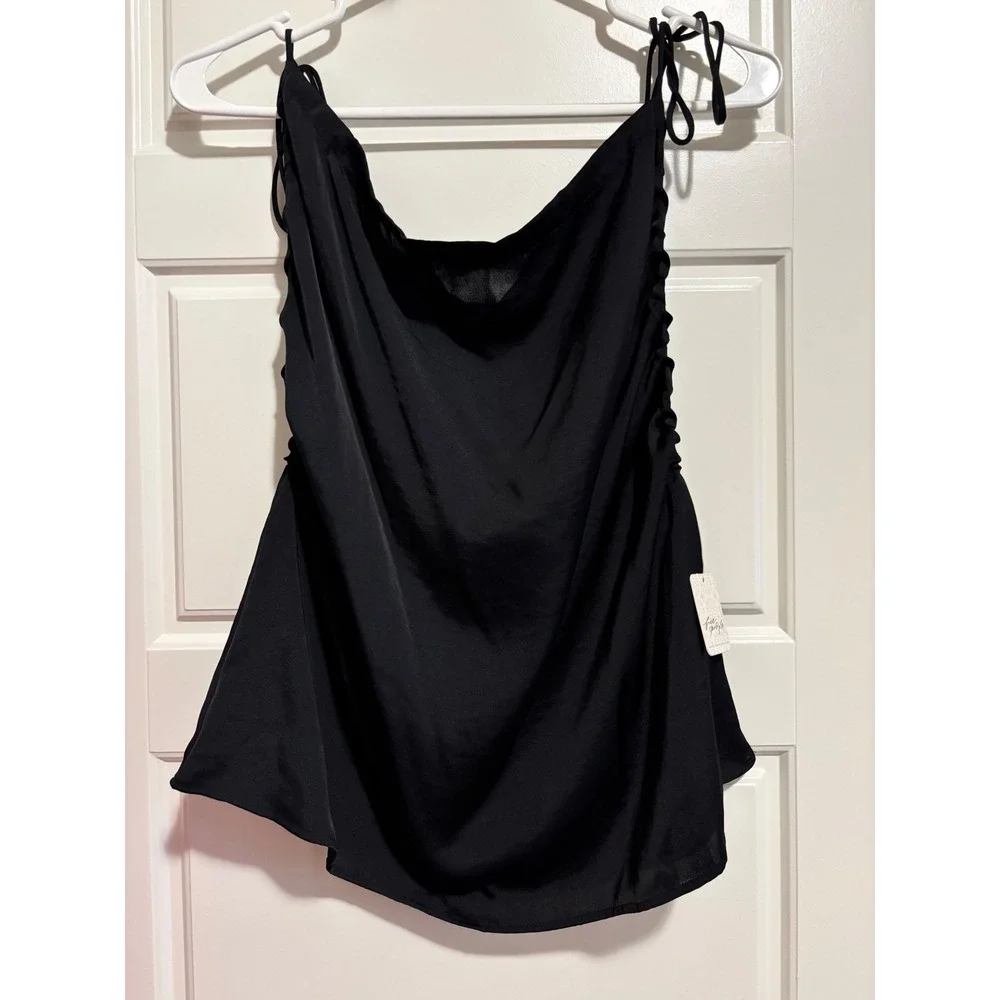 Free People Cowl Neck Camisole Women XS Black Satin‎ Side Ruched Tie Strap Top